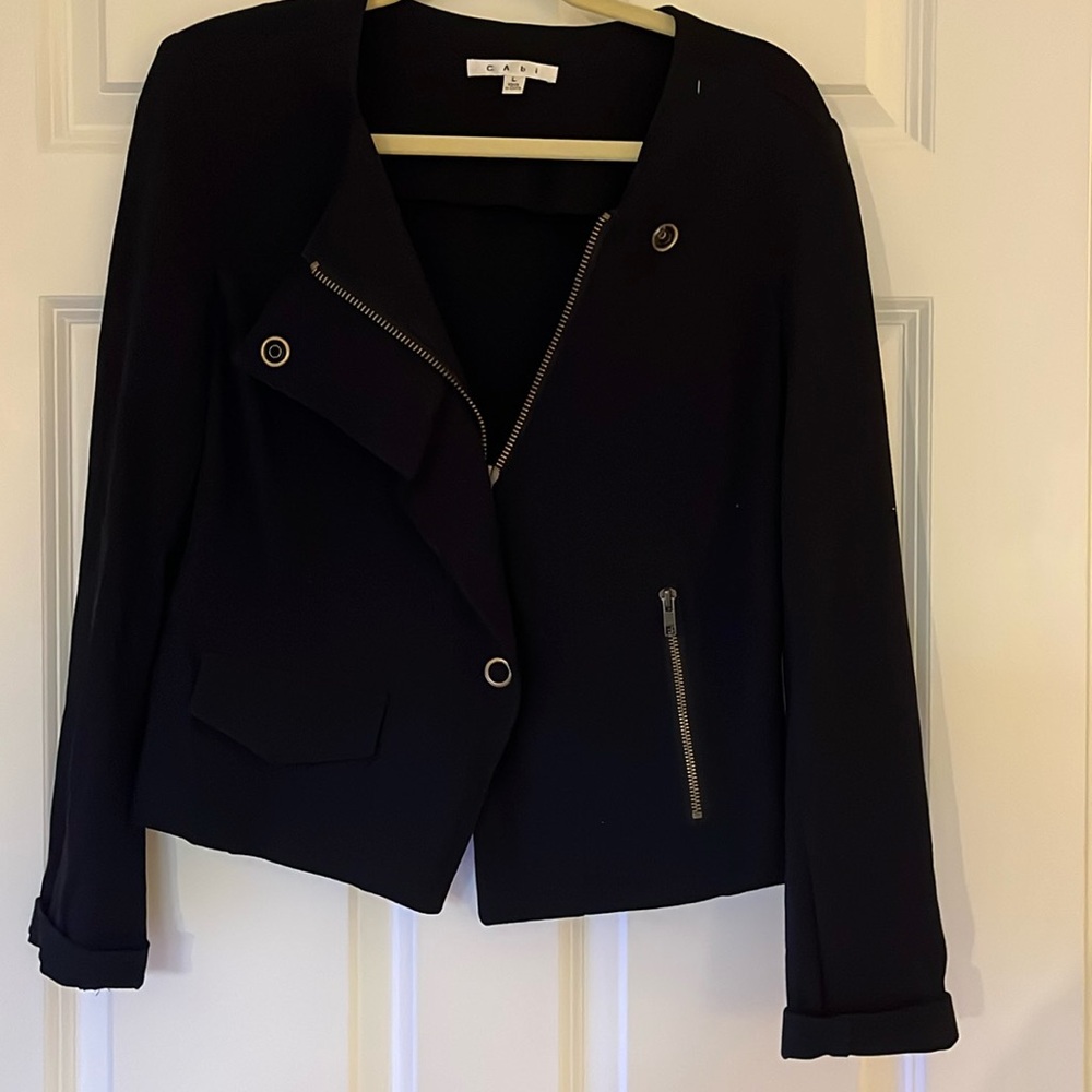 CAbi Cropped Black Moto Jacket Asymmetric Large